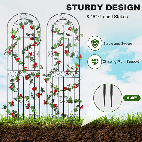 Sturdy 2 Pack Garden Trellis Set, 70.8 Inch Tall Metal Plant Support With Black Powder Coat, featuring wire lattice panels for climbing plants.