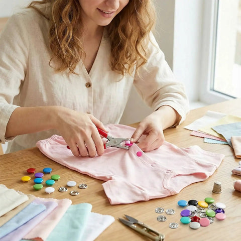 Person using pliers to install colorful alloy snaps on fabric, showcasing 200 Pieces 9.5mm Alloy Snap Button Kit For Fabric Sewing Colorful Fasteners For Clothing Hats And DIY Crafts Easy Install Durable Rust Resistant Alloy Snaps Great For Upcycling Garments And DIY Projects.