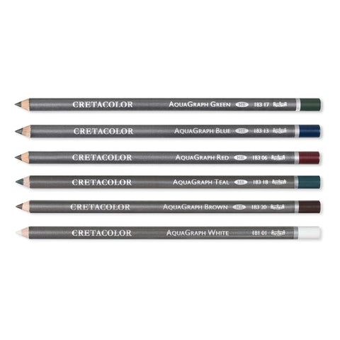 Water-Soluble Graphite Pencils Set With Aquarelle Finish, Six HB Pencils In White, Brown, Teal, Green, Red, And Blue For Dope Washable Sketching And Watercolor Effects