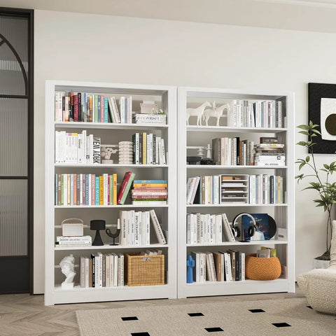 Beefy Metal Five Tier Adjustable Book Shelf In White Tall 68.9 Inches High By 36 Inches Wide Heavy Duty Bookcase in living room