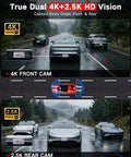 4K Front And 2.5K Rear Dash Cam With Free 64GB Card Included 5.8GHz WiFi, showing dual camera view of cars on road