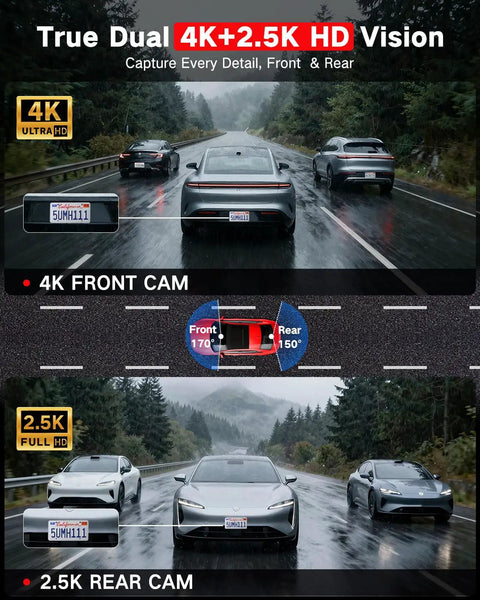 4K Front And 2.5K Rear Dash Cam With Free 64GB Card Included 5.8GHz WiFi, showing dual camera view of cars on road