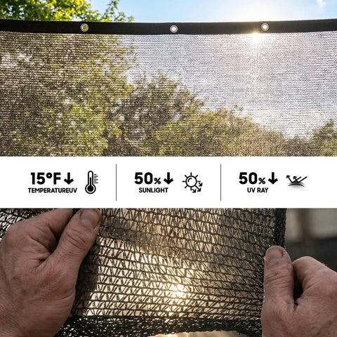 Close-up of 50 Percent Shade Cloth 8 Ft By 16 Ft Sun Shade Netting With Durable HDPE Material and Heavy Duty Grommets