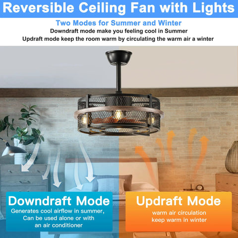 Farmhouse Style Ceiling Fan With Light Remote Control Reversible Bladeless Design 3 Speed Settings in living room