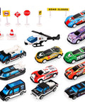 Big Transport Car Carrier Set With 12 Die Cast Vehicles And 8 Traffic Signs For Kids Ages 3 To 7 Durable Plastic Construction