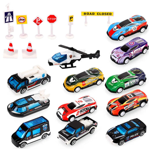 Big Transport Car Carrier Set With 12 Die Cast Vehicles And 8 Traffic Signs For Kids Ages 3 To 7 Durable Plastic Construction