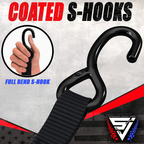 Heavy Duty Ratchet Tie Down Straps 4 Pack, 1 Inch By 15 Feet, 1,823 Pounds Break Strength, With Hooks And Handles, Built For Moving And Securing Cargo, Black, featuring a coated full bend S-hook.