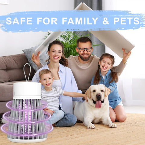 Family and dog indoors with Rechargeable Indoor And Outdoor Insect Killer With UV Light, Portable USB Powered Mosquito And Fly Zapper on carpet.