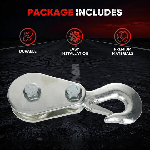 Heavy Duty Pulley Hook Snatch Block For Winch Recovery 2 Ton 4400 Lbs With Hook High Strength Steel For Cables Up To Three Eighths Inch Keep Your Winch Organized And Prevent Cable Entanglement During Towing And Recovery. silver steel snatch block with hook