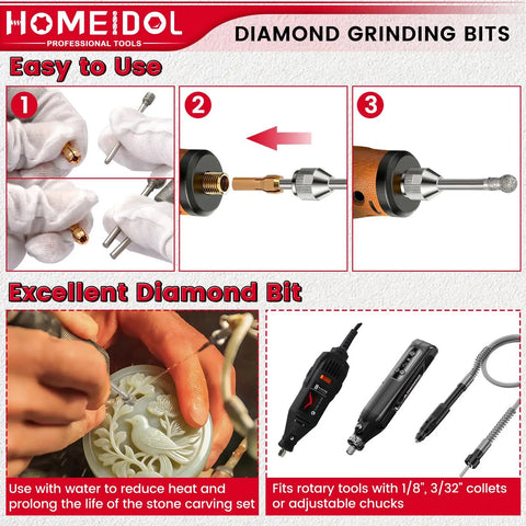 Instructions and tools for using engraving bits set for rotary tools with diamond grinding bits in ball, hollow cup, and cylindrical shapes; includes 3 collets and 3/32 and 1/8 inch shanks for stone, glass polishing and carving.