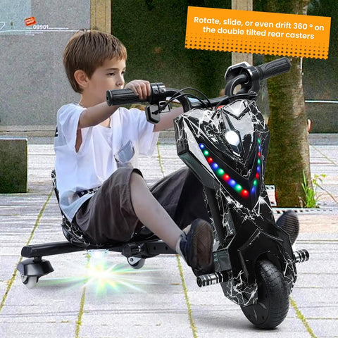 Rad Electric Crazy Drift Cart for Kids Big Wheel Drift Trike 12V Ride On Car With Swivel Steering Slide Seat 360 Degree Drifting Adjustable Size for Growing Riders Strong Steel Frame Black, child riding