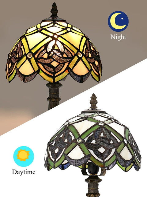 Irish Celtic Tiffany Style Stained Glass Table Lamp With 17500 Lumen Light, E26 Bulb Holder showing night and daytime light effects