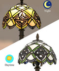 Stained Glass Tiffany Style Rose Desk Lamp With 12 Inch Shade And 19 Inch Tall Antique Bronze Zinc Base shown day and night.