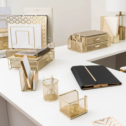 Modern office setup featuring a Gold Desk Organizer Set with Detachable File Organizer, Stackable Paper Tray, and Storage Drawer.