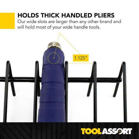 Heavy-Duty Plier Organizer Rack Set holds wide-handle pliers with 1.125 inch slot, part of tool boxes and chest drawers solution.