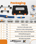 Ratcheting Pipe Bender Kit with accessories including dies, cutters, and case for 1/4 to 7/8 inch tubing copper or aluminum.
