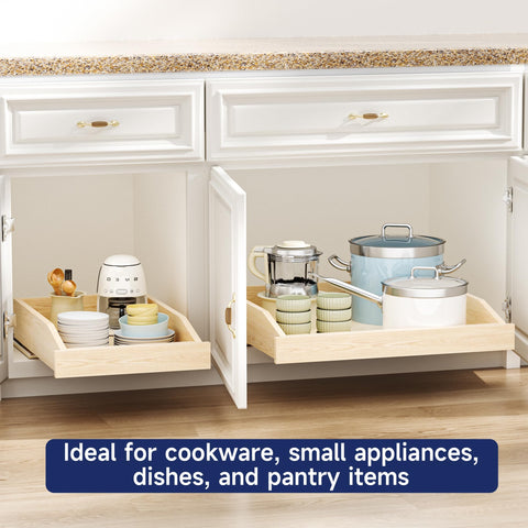 Soft Close Pull Out Cabinet Organizer 22.5 Inch Wide By 21 Inch Deep Wood Drawer Shelf For Kitchen Pantry And Base Cabinet Bottom Mount Straight Up Smooth Total Game Changer with dishes in cabinet