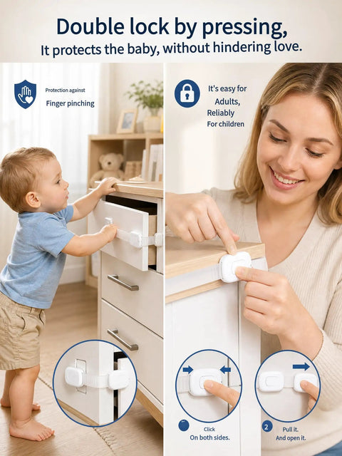 Child demonstrating No Drill Cabinet Locks With 3M Adhesive For Childproofing Fridge, Toilet, Microwave And Washer, Anti Pinch Latches