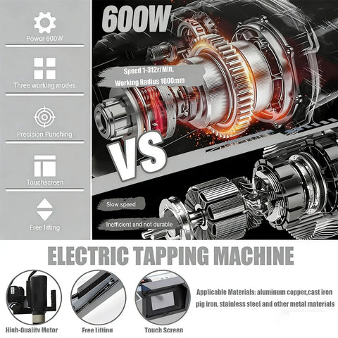 Electric Tapping Machine With 360 Degree Swivel Arm And 600 Watt Motor showing touchscreen controls and high-quality motor.