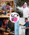 Collage showing All-In-One Half Face Respirator With Anti-Fog Goggles For Woodworking Dust And Allergens used in various projects