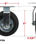 Built Tough 8 Inch Pneumatic Caster Wheel With Rigid Plate And 220 Pound Load Capacity Featuring Precision Ball Bearing Hub shown with measurements.