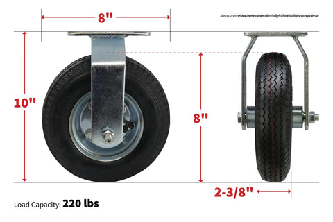 Built Tough 8 Inch Pneumatic Caster Wheel With Rigid Plate And 220 Pound Load Capacity Featuring Precision Ball Bearing Hub shown with measurements.