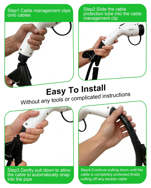 Tough As Nails EV Charger Cable Protector featuring flexible wire sleeve shown in four installation steps for 7/8 inch cables.