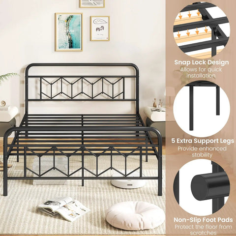Heavy Duty Queen Metal Platform Bed Frame With Victorian Diamond Headboard And Footboard, Built Tough No Box Spring Needed, Super Sleek Under Bed Storage, Legit Room Upgrade, Matte Black with snap lock design and extra support legs.
