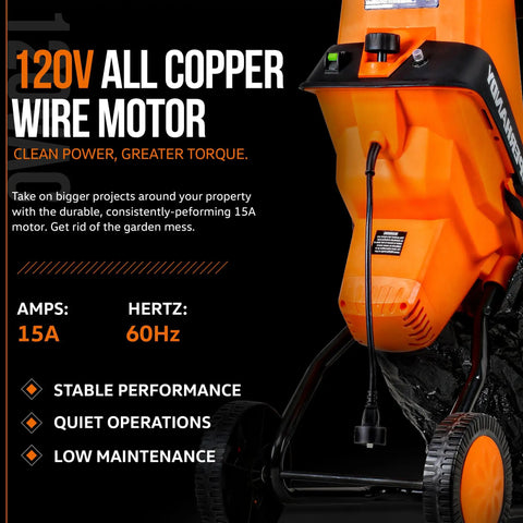 Leaf Shredder Mulcher Corded Electric With 15A 1800W Motor 17 To 1 Reduction Dual Edge Blades 1.57 Inch Limb Capacity