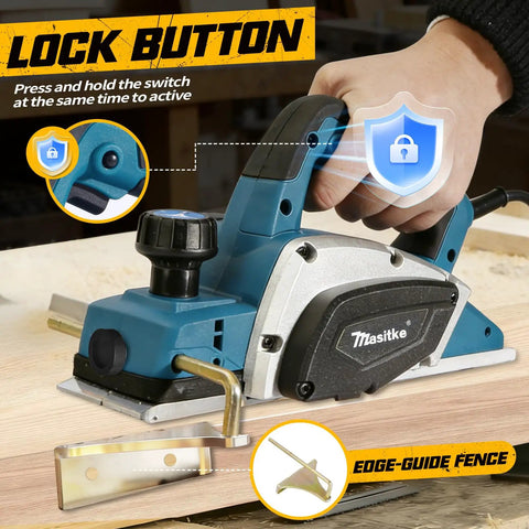 Three And One Quarter Inch Electric Hand Planer 16000RPM High Power Handheld Planer with lock button and edge guide.