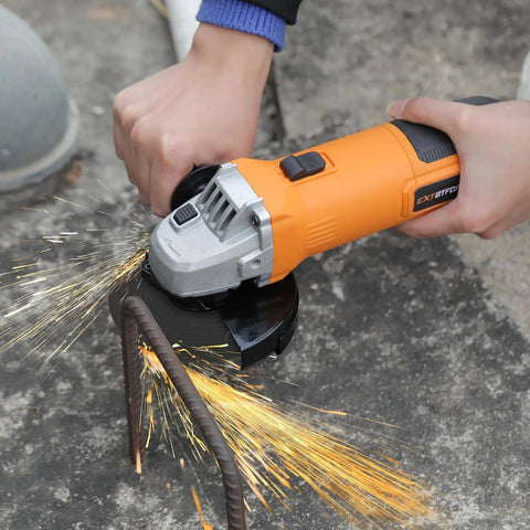 Powerful 6 Amp Angle Grinder Kit 4-1/2 Inch 11,000 RPM Metal Cutter in use cutting metal with sparks flying