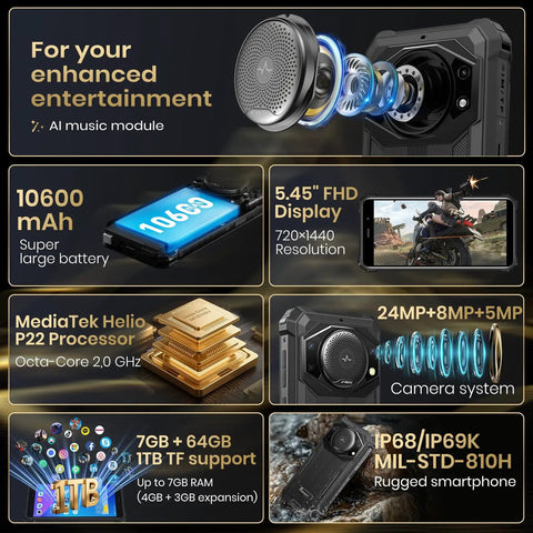Built Tough As Nails Unlocked 4G Rugged Smartphone With 5.45 Inch Screen 10600 Mah Massive Battery And 123 Db Ultra Loud Waterproof Speaker 7 Gb Ram 64 Gb Storage 24 Mp Dual Camera Octa Core Processor features AI music module and camera system.
