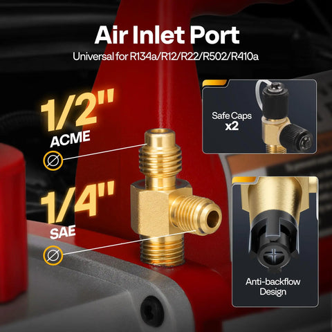 Air inlet port with 1/2" ACME and 1/4" SAE threads for No Sweat 110V Single Stage Rotary Vane Vacuum Pump.