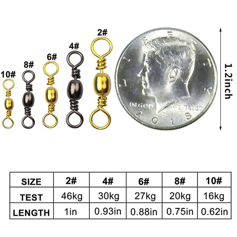 Heavy Duty 300 Piece Box Fishing Barrel Swivels With Solid Ring Copper And Stainless Steel Construction Extra Strong Solid Fishing Connectors Anti Rust Quick Connect Tackle Kit Sizes 2 4 6 8 10, size chart with coin