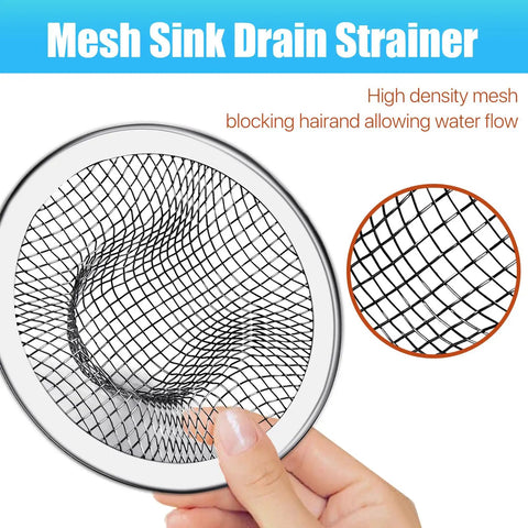 Close-up of 2-inch stainless steel sink drain strainer with mesh design, part of 100 Pack Stainless Steel Sink Drain Strainers For Bathroom And Kitchen With 2 Inch Top Mesh Catcher To Block Clogs Easy Install Heavy Duty Plumbing Filter Every Home Owner Gotta Grab.