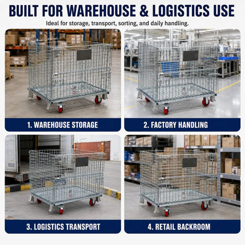 Hella Tough Collapsible Wire Storage Basket With Easy Roll Wheels Massive 3000 Pound Capacity Folding Metal Bin for warehouse storage and logistics.