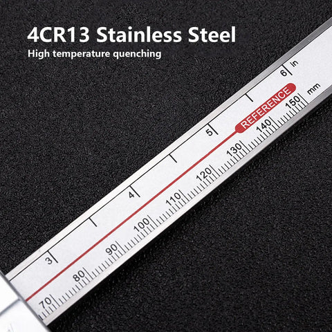Close-up of stainless steel ruler on All In One Outside Groove Caliper With High Resolution Readout For Wall Thickness Inside Bores