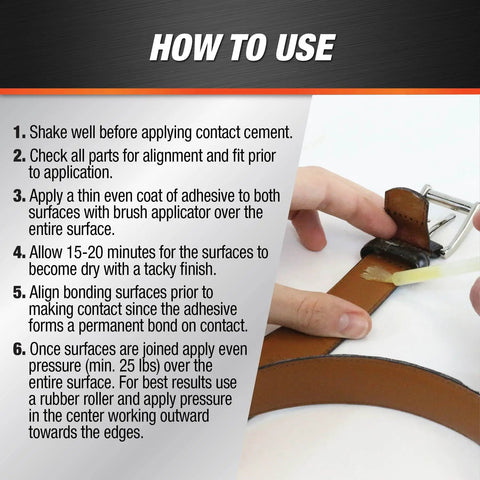 Applying Hella Strong Contact Cement For Wood And Metal Projects Heavy Duty Adhesive For Laminates And Veneers in use on leather.