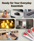 Collage showing uses of 12 Pack 1200mAh 1.5V Non Rechargeable Lithium AAA Batteries, including toys, remotes, candles, and gadgets