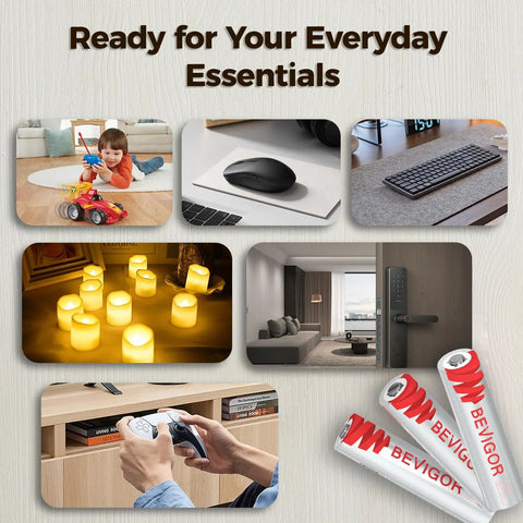 Collage showing uses of 12 Pack 1200mAh 1.5V Non Rechargeable Lithium AAA Batteries, including toys, remotes, candles, and gadgets