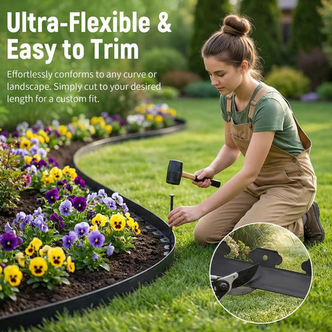 Woman installing Flexible No Dig Garden Edging Kit 33 Ft By 2 In Plastic Landscape Border With 45 Stakes for flower beds in yard