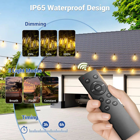 Remote control for 200 Foot Solar String Lights Outdoor Waterproof With Remote Control, 72 And 2 LED Solar Powered Lights on patio setting.
