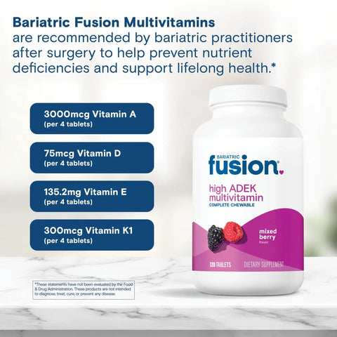 Chewable Multivitamin For Duodenal Switch Patients With High ADEK, Iron And Calcium, Mixed Berry Flavor, Easy To Chew Tablets, Yummy Taste For Daily Use, One Month Supply, Non GMO bottle, 120 tablets