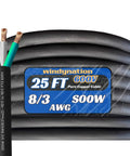 Heavy Duty 25 Foot SOOW Cable 8 AWG 3 Conductor 600V Portable Power Extension Cord With Ultra Flexible CPD Insulation Jacket