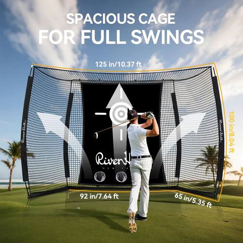 Golfer using Indoor Outdoor Golf Cage With Impact Screen 10x8 Ft Hitting Net, Sound Dampening Cloth, for realistic swing practice