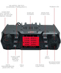 Front view of UV50X2 Second Gen Beefy 50 Watt Dual Band Base Mobile Radio with labeled buttons and display screen.