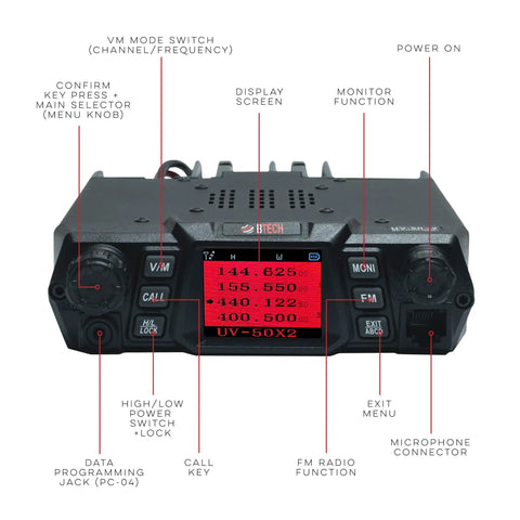Front view of UV50X2 Second Gen Beefy 50 Watt Dual Band Base Mobile Radio with labeled buttons and display screen.