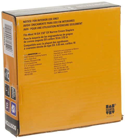 Back view of boxed Narrow Crown Staples 1 X 7/32 Inch 18 Gauge 5000 Pack, details on stapler compatibility