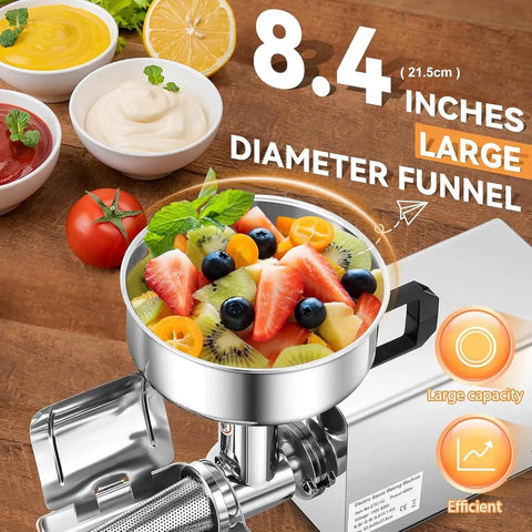 Heavy Duty Commercial Electric Tomato Strainer With Stainless Steel Food Press For Jam And Sauce Making High Power 370w Motor with large 8.4 inch funnel filled with fruits.