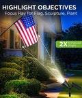 Sun-Powered Outdoor Solar Lights illuminating a flag, showcasing 2x brightness, highlighting garden and pathway at night.